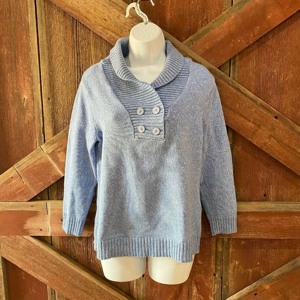 Karen Scott Shawl Collar Sweater Light Blue Knit Buttons Size Medium 3/4‎ Sleeve